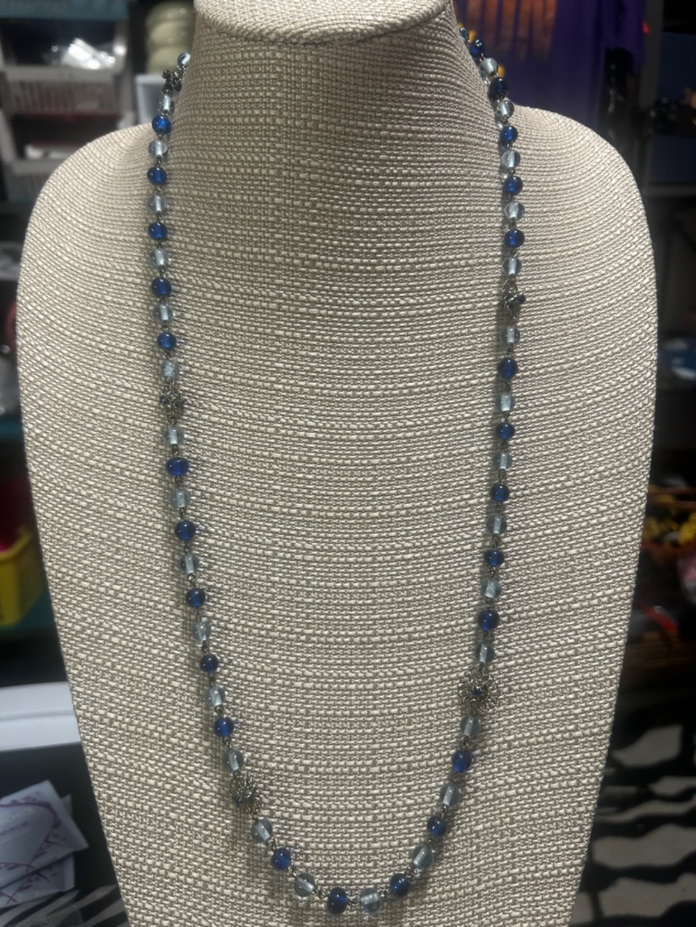 Blue Bead Long Necklace 15”